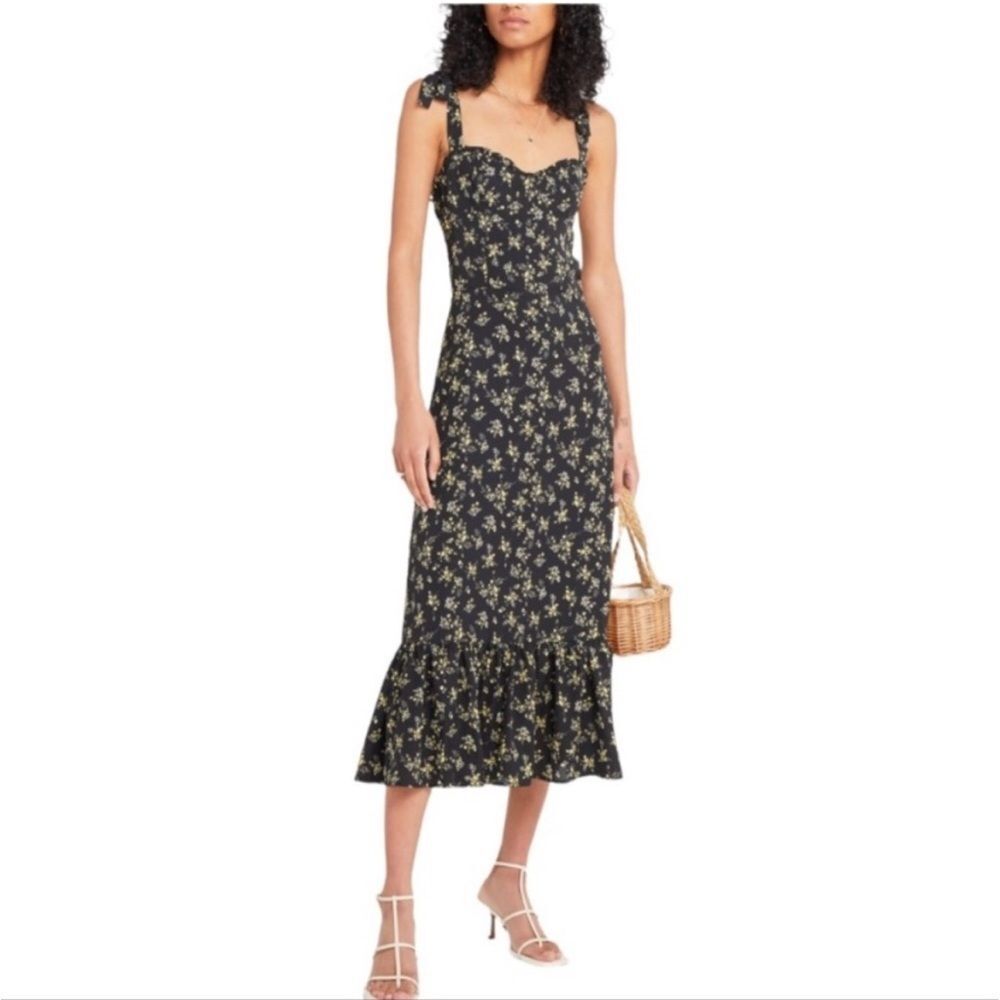 o.p.t. Toile De Jouy Midi Dress Ruffle Tie Straps Black Floral Size Large